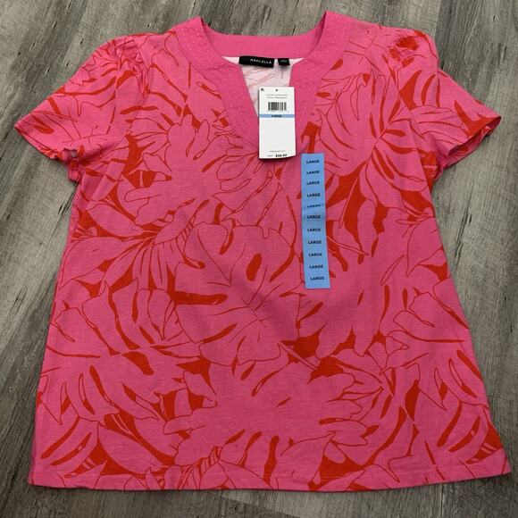 Rafaella Short Sleeve V-Neck Shirt Womens Large Pressed Palms Carmine Rose NEW - Picture 1 of 7